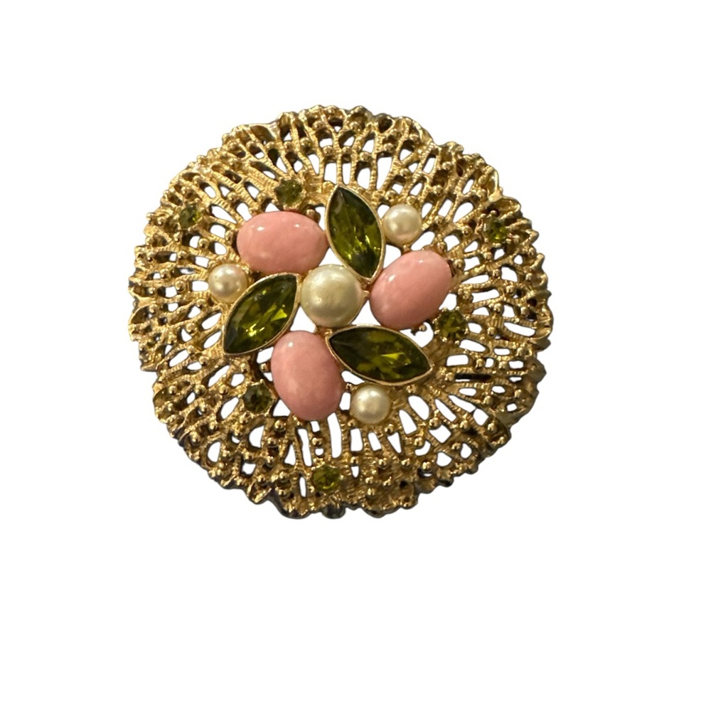 Vintage large 3 inch Elegant Gold and Pink Brooch signed Sarah Cov